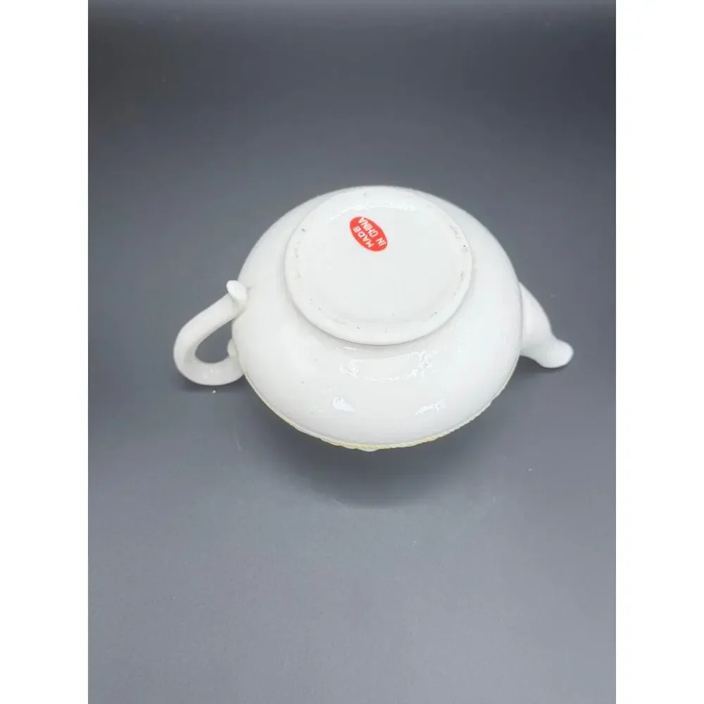 Floral Applique Ceramic Teapot Raised Flowers Yellow Rope Trim 6 Inch